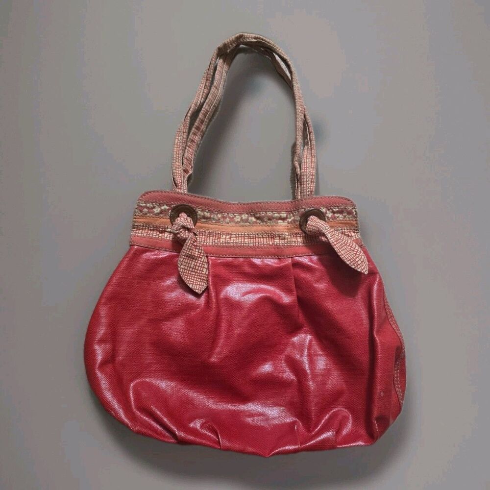 Fossil Coated Canvas Shoulder Bag Red Orange Boho Floral Bow Handle Purse Y2K